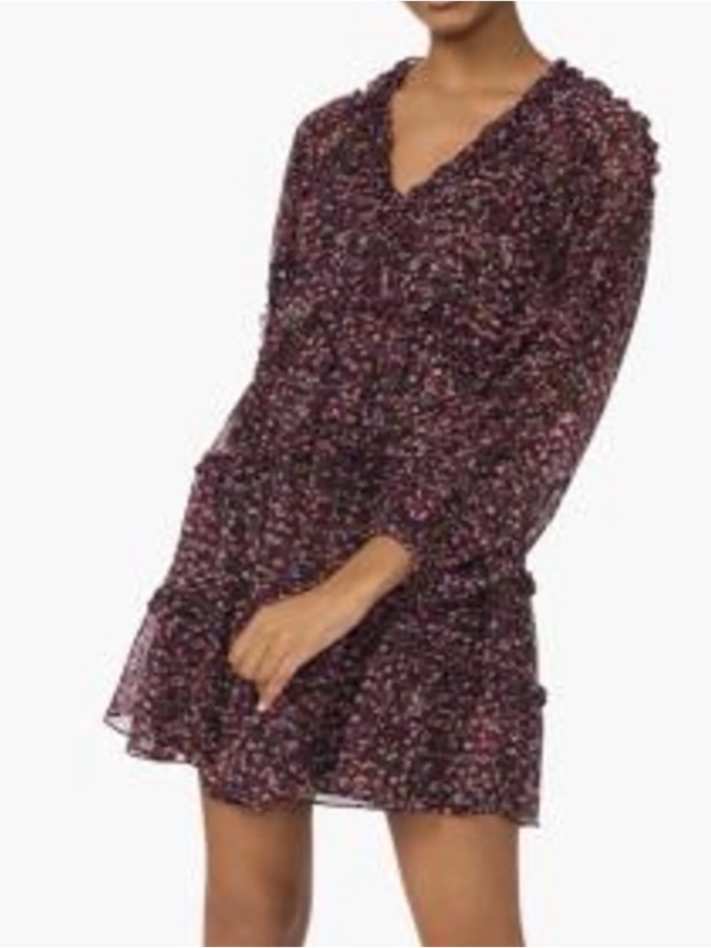 Zara Floral Long-Sleeve V-Neck Mini Dress in Black Tiny Swiss Dot Floral Print